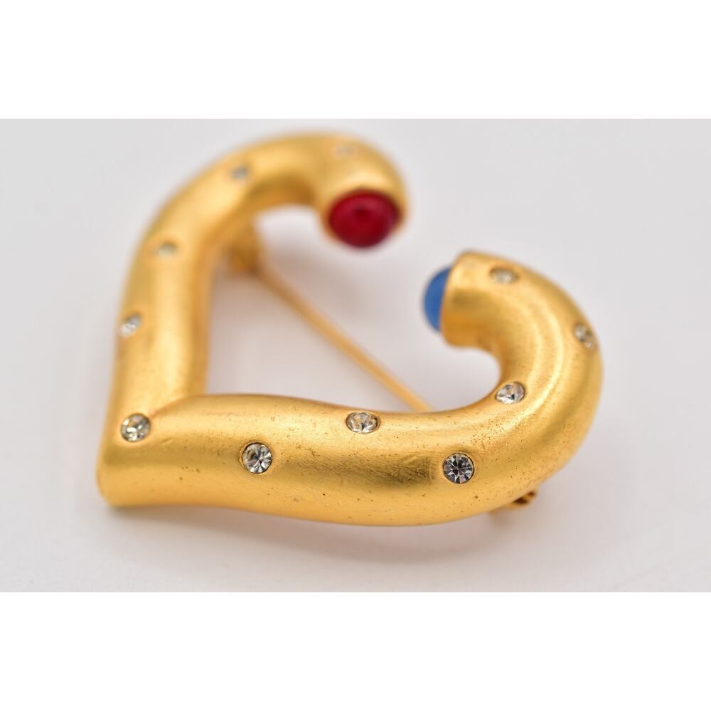 Givenchy Vintage Heart Gripoix Pin Brooch Cabochon Brushed Gold Signed 80s BinBP - Picture 6 of 12
